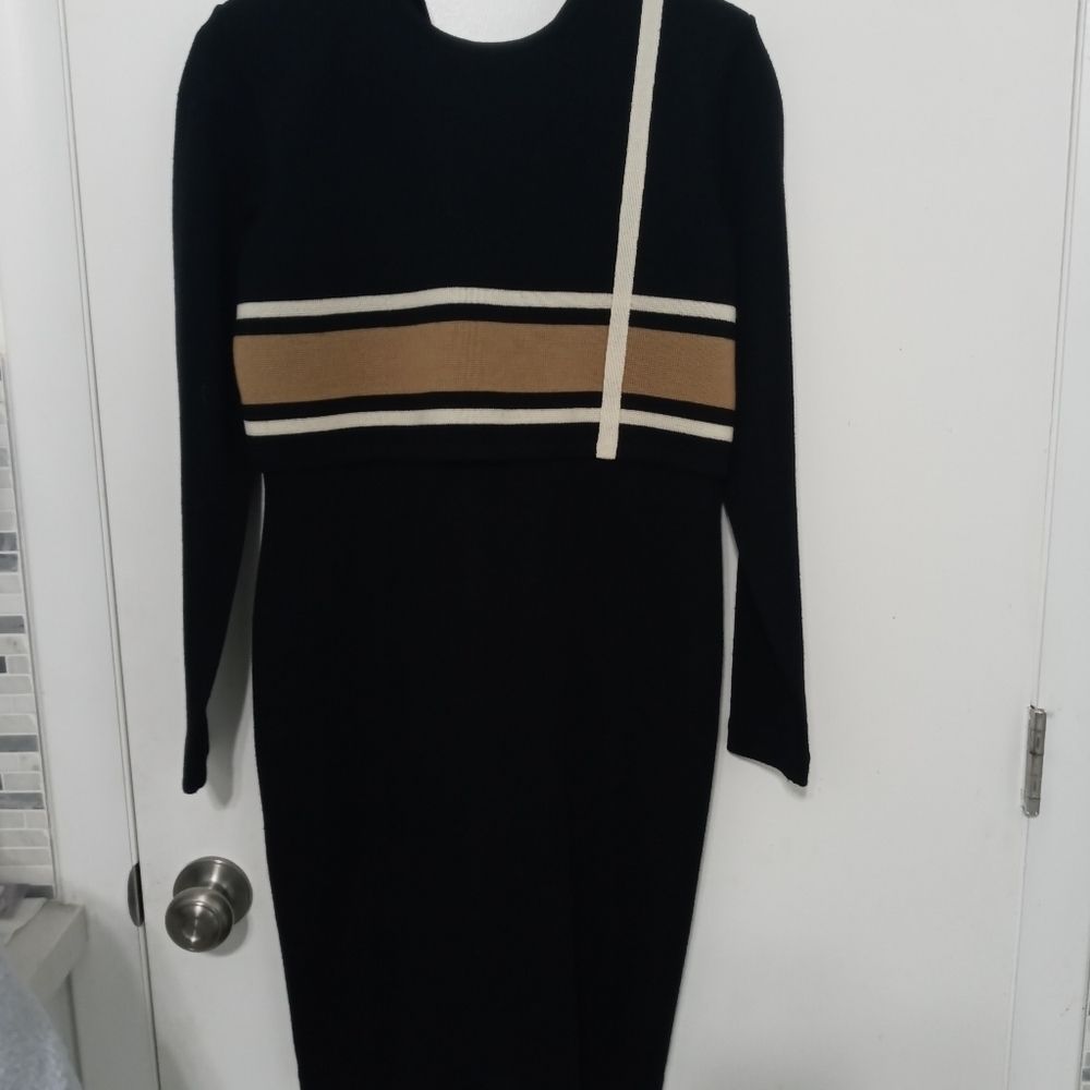 Liz Claiborne 30% Wool 70% Acrylic Long Sleeve Black Beige Pencil Dress Small